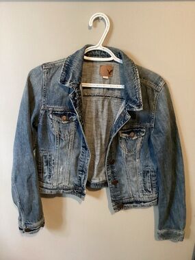 American Eagle Denim Jacket with Leather Logo Patch - Dark Wash Blue